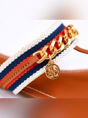 Tory Burch Mini Benton Chain Band Sandal Calf Leather / Webbing. Size 8